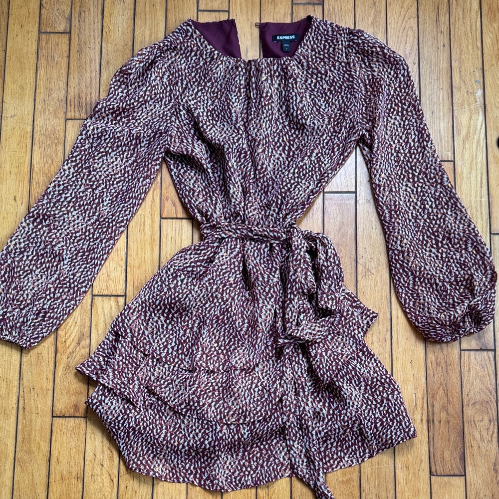 Express Burgundy Patterned Long Sleeve Dress